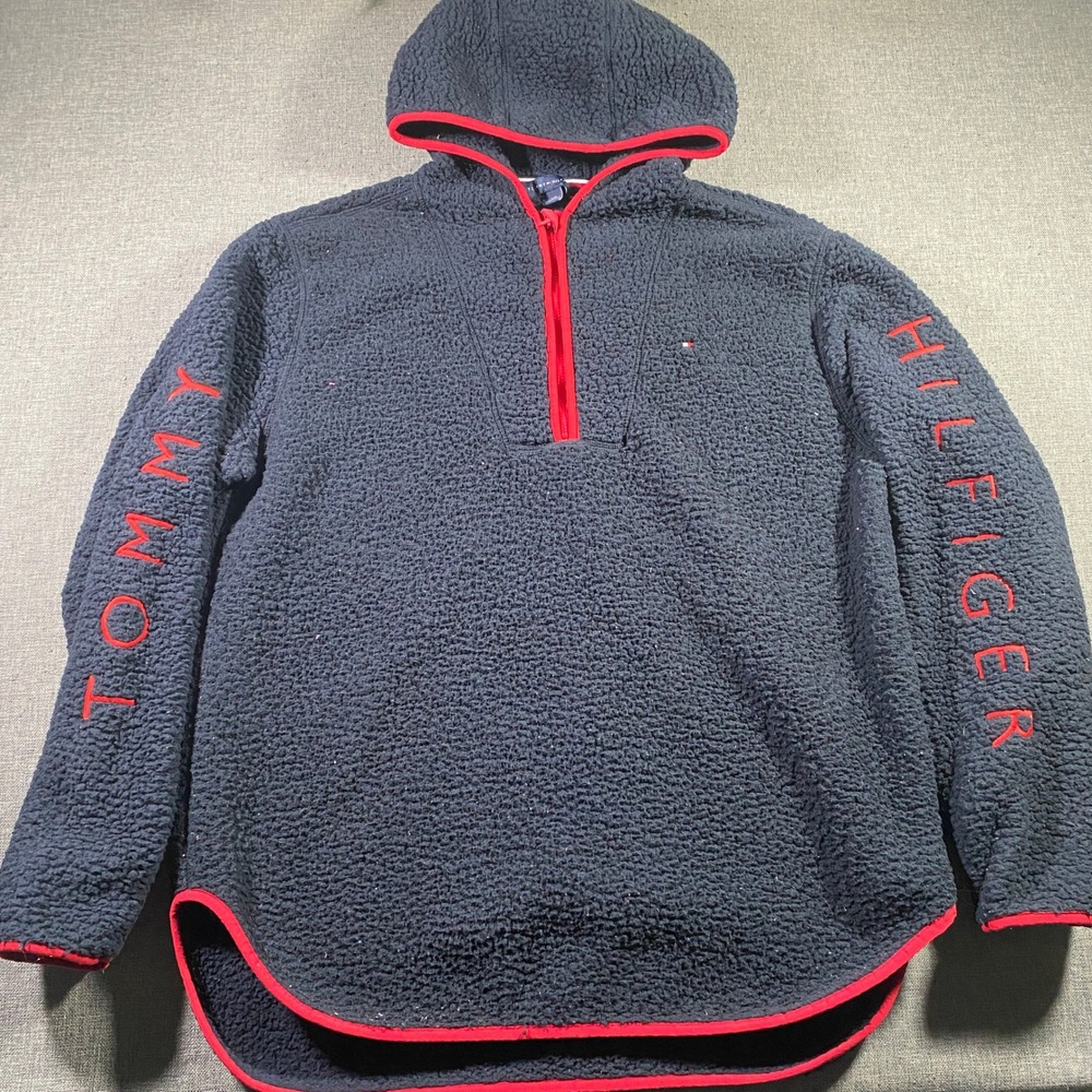 Tommy Hilfiger Men's Navy Fleece Deep Pile Sherpa Half Zip Hoodie Red Trim Large